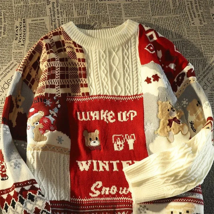 W&W Mode -Hässlicher Weihnachtspulli - Lockerer Retro-Pullover mit V-Ausschnitt und Farbblock-Design