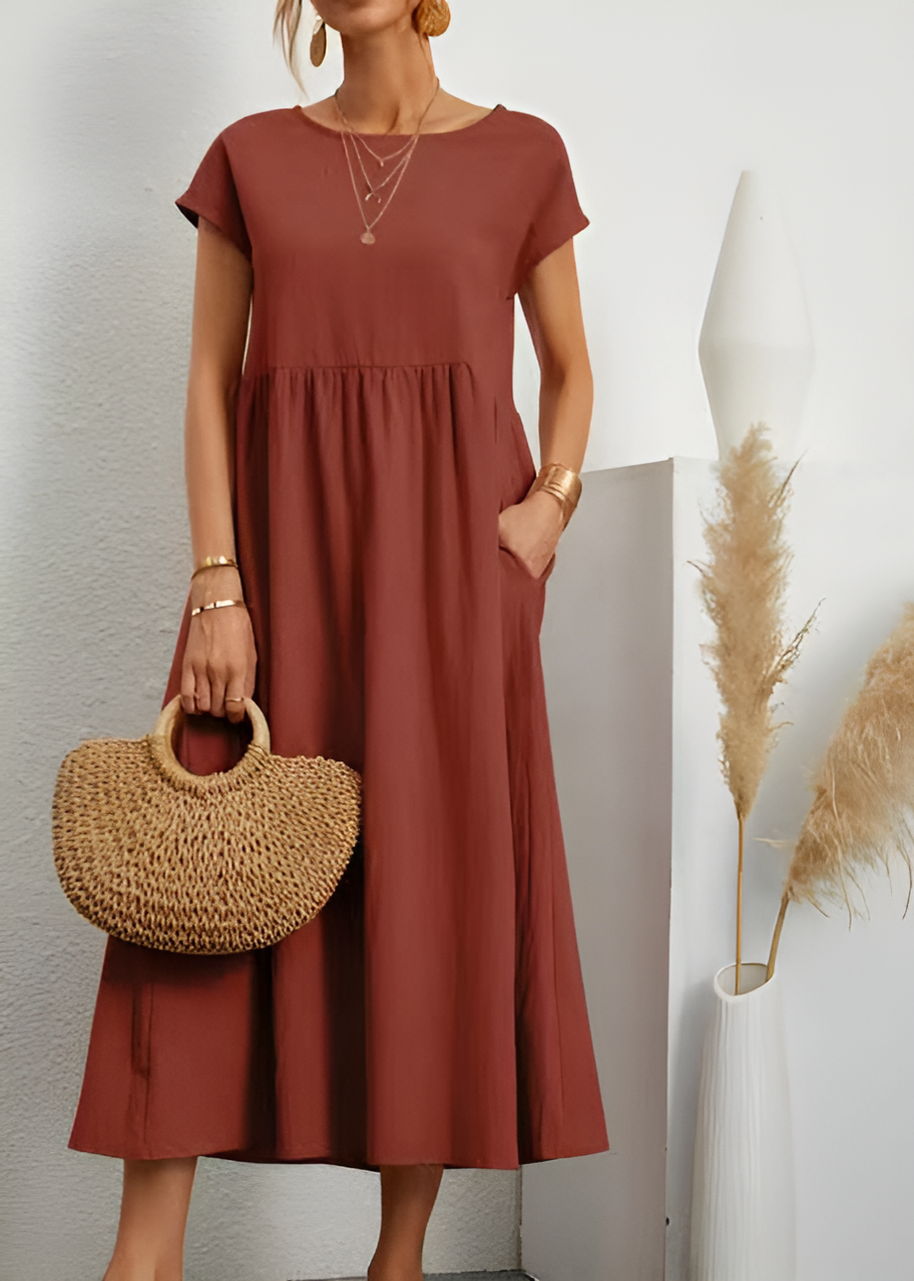 WW | Damen Baumwoll Leinen Midi Kleid