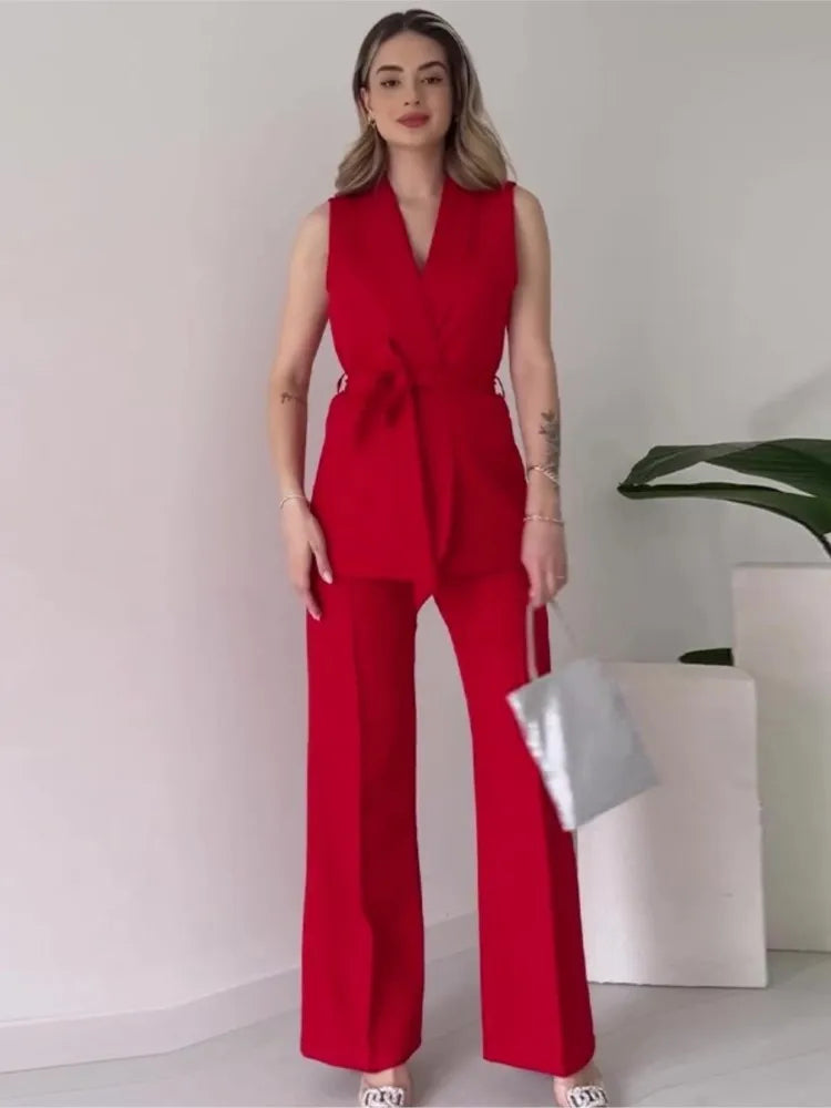 WW | Ärmelloser Blazer-Anzug Taillierte Passform Wickel-V-Ausschnitt Weite Hose