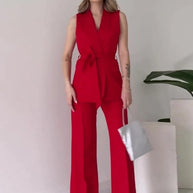 WW | Ärmelloser Blazer-Anzug Taillierte Passform Wickel-V-Ausschnitt Weite Hose