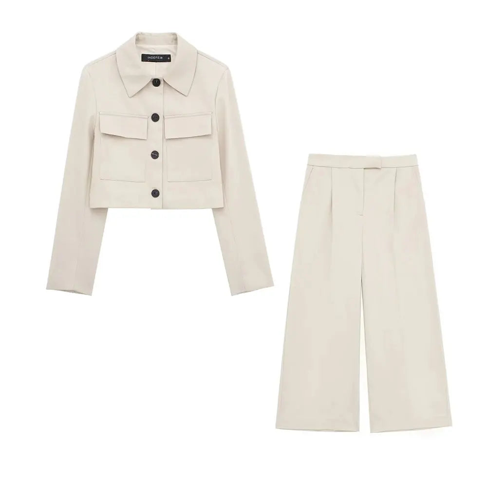 WW | Frühling Frauenmode Beige Blau Jacke Anzug Ein-Knopf Jacke Frauen Hohe Taille Lässige Baggy Hosen 2 Teilig Set