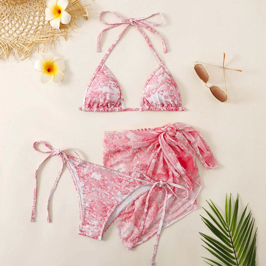WW | Damen Dreiteilig Badekleidung Sommer Push-Up Hohe Taille Bikini Set mit Bedeckung Rock Tie Dyed Schwimmen Badeanzug Strandbekleidung