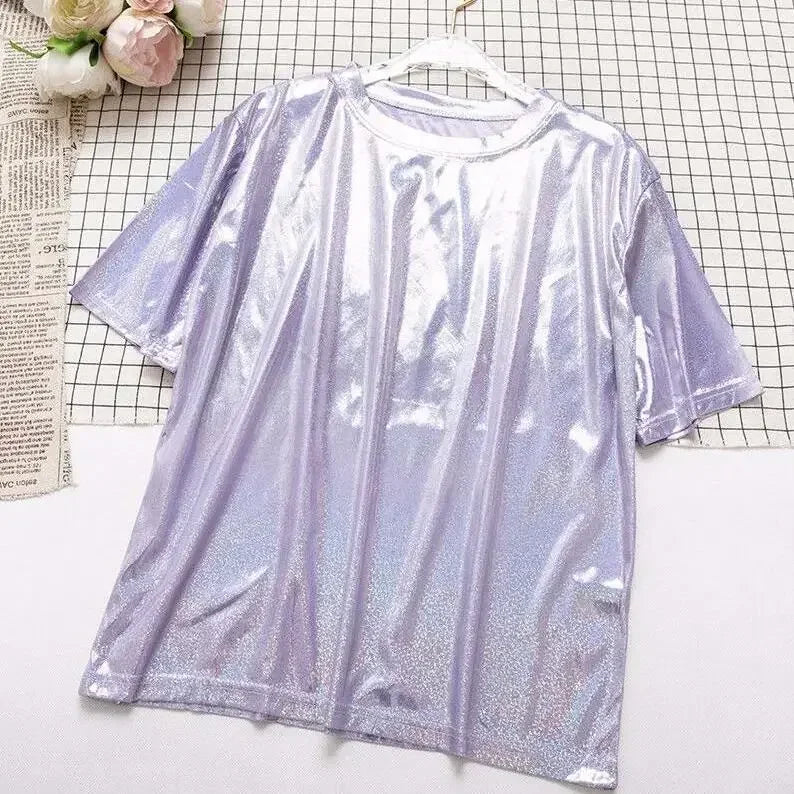WW | S 5Xl Damen Funkelnd Shiny Metallisch Holografisch Rundhals Kurzarm Lässig Lose Top Festival Party T-Shirt Damenbekleidung