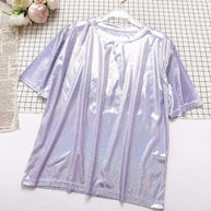 WW | S 5Xl Damen Funkelnd Shiny Metallisch Holografisch Rundhals Kurzarm Lässig Lose Top Festival Party T-Shirt Damenbekleidung