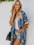 WW | Böhmischer Kimono mit Blattdruck und Fransendetail