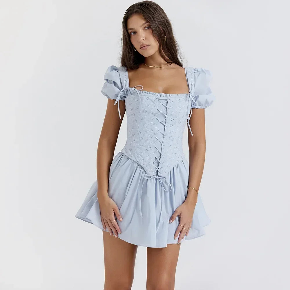 WW | Sommer Blau Puffärmel Korsettkleid Mini Elegant A-Linie Schnür Urlaub Festkleid Quadratkragen Damenkleid