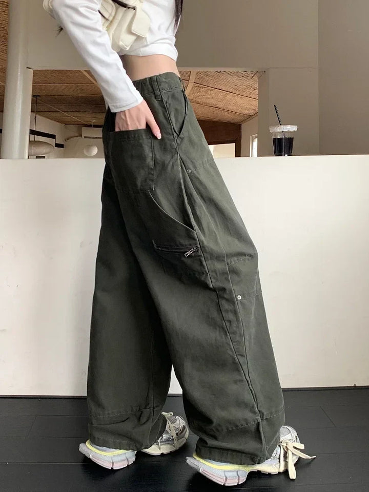 W&W Mode | Y2K Streetwear Vintage Grün Baggy Jeans Cargo-Hosen für Damen Designer Kleidung Weit Beinformte Legere Damenhosen