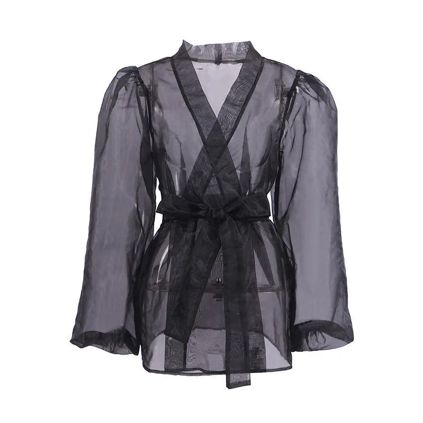 Damen Organza-Bluse mit Bindegürtel und transparentem Stoff