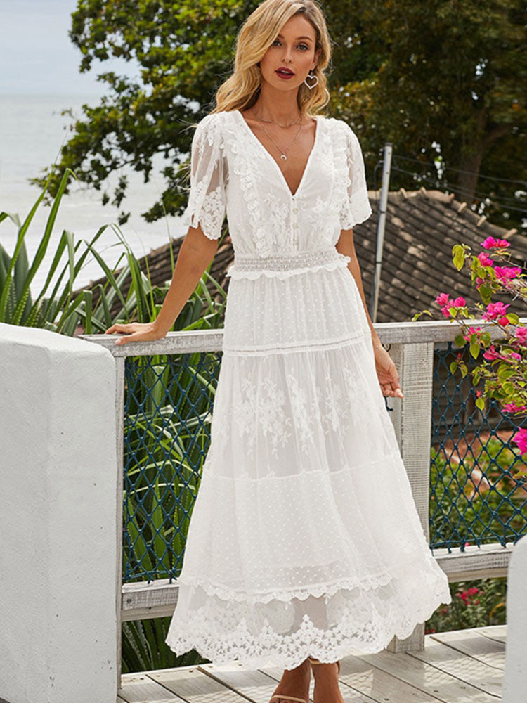 W&W Mode | Cross Halbtransparente Spitzen Maxikleid