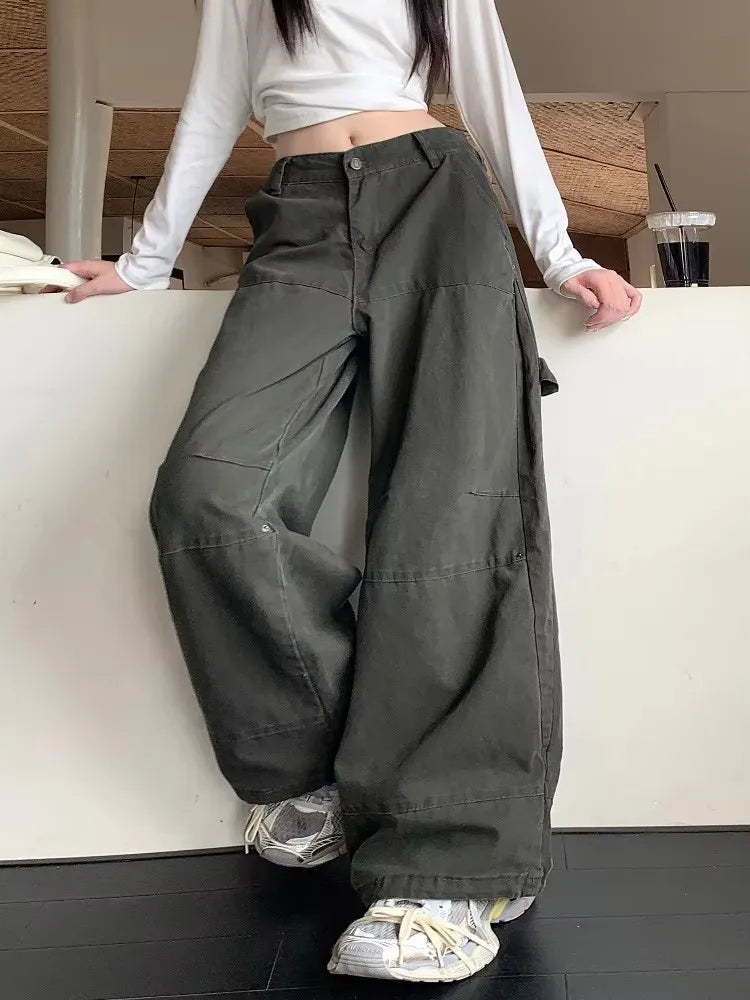 W&W Mode | Y2K Streetwear Vintage Grün Baggy Jeans Cargo-Hosen für Damen Designer Kleidung Weit Beinformte Legere Damenhosen