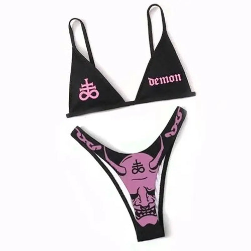 WW | Sexy Goth Bikini Frauen Buchstaben Totenkopf Druck Badeanzug Split Badeanzug Hohe Taille Gotische Bikini Set Strandoutfits