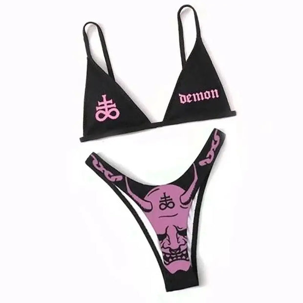 WW | Sexy Goth Bikini Frauen Buchstaben Totenkopf Druck Badeanzug Split Badeanzug Hohe Taille Gotische Bikini Set Strandoutfits