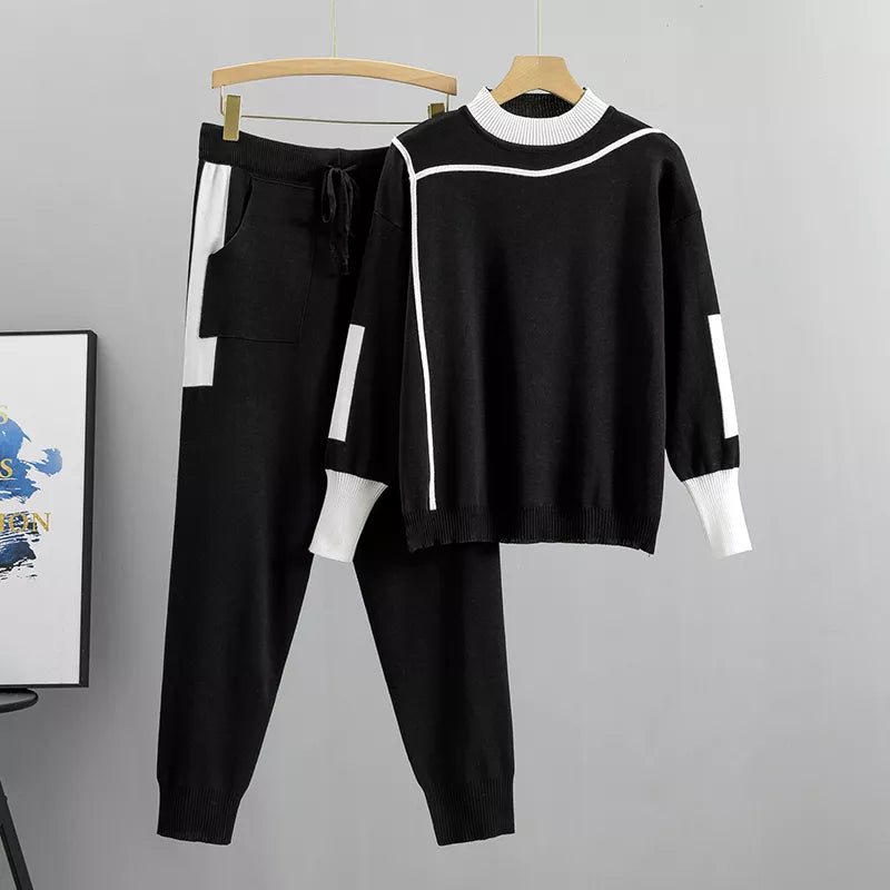 WW | Lässiges Herbst Strick Patchwork Oberteil und Hose Set für Frauen