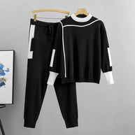 WW | Lässiges Herbst Strick Patchwork Oberteil und Hose Set für Frauen