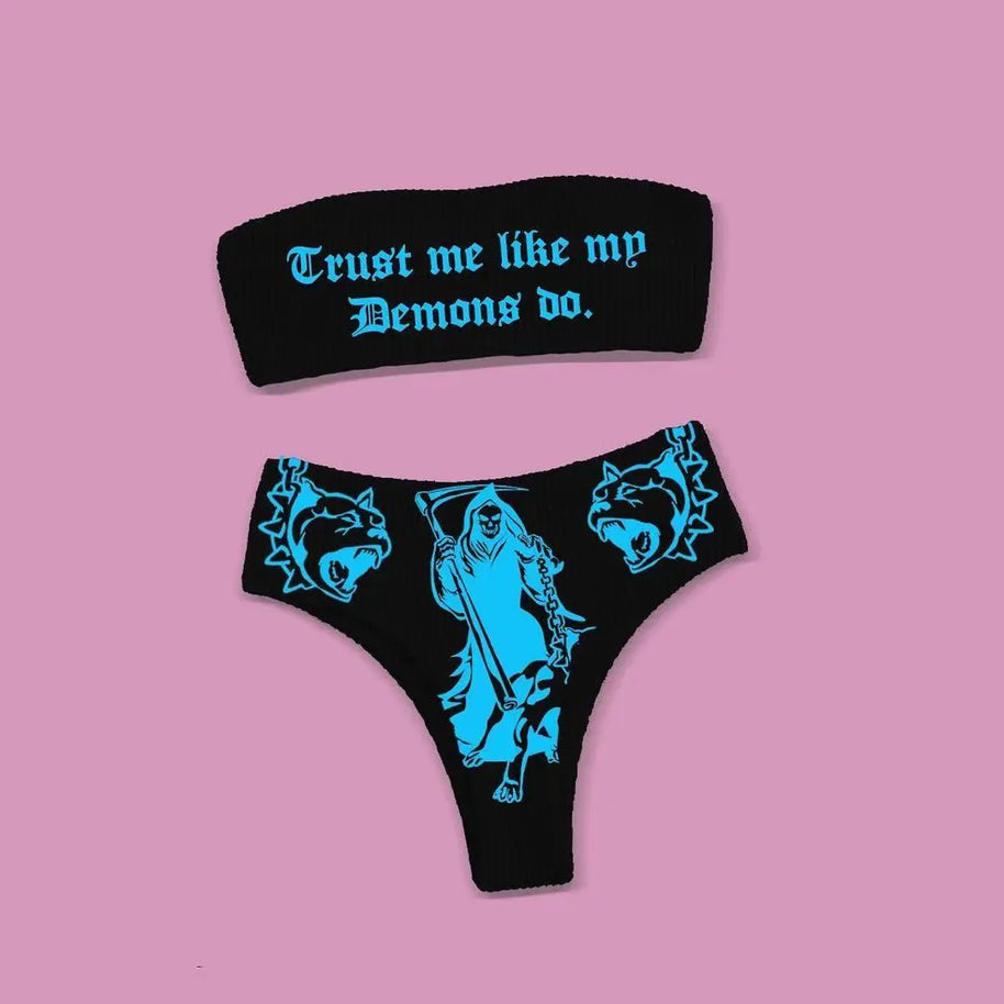 WW | Sexy Goth Bikini Frauen Buchstaben Totenkopf Druck Badeanzug Split Badeanzug Hohe Taille Gotische Bikini Set Strandoutfits