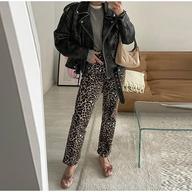 WW Leopard-Print-Jeans | Stylische schmale Streetwear Damenhose im Pencil-Stil