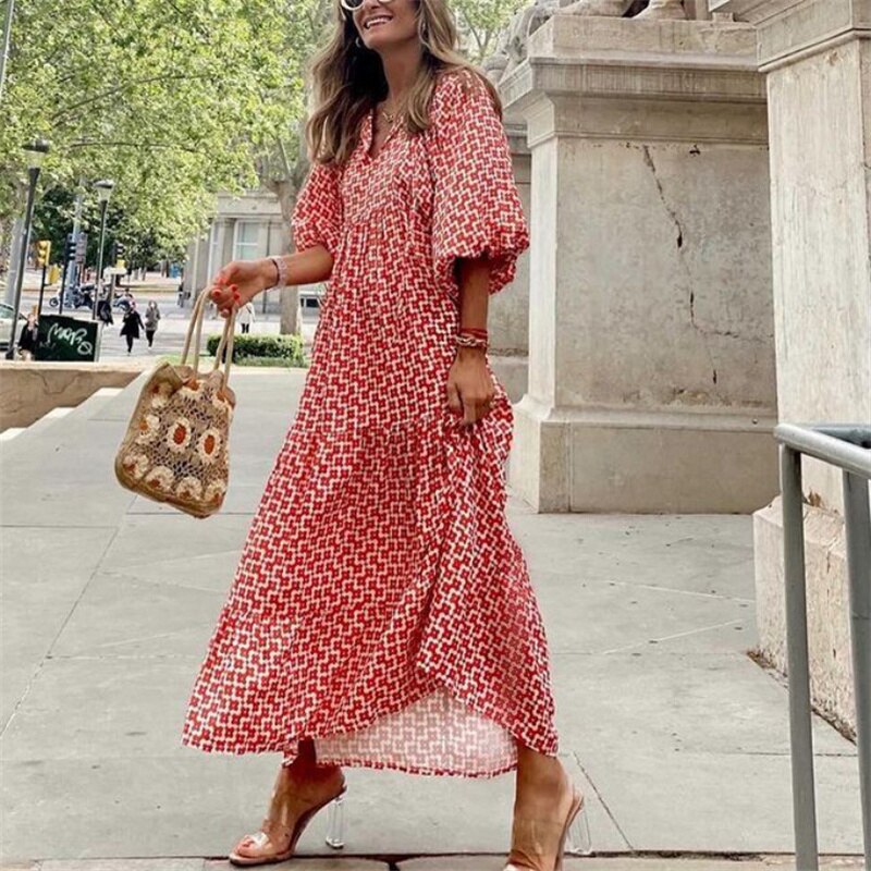 W&W Mode | Geometrisches Kleid mit Puffärmeln für Frauen