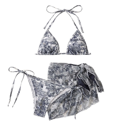 WW | Damen Dreiteilig Badekleidung Sommer Push-Up Hohe Taille Bikini Set mit Bedeckung Rock Tie Dyed Schwimmen Badeanzug Strandbekleidung
