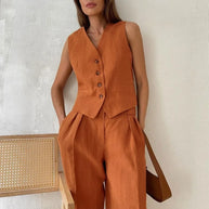WW | Wollgefühl Frauen Leinen Baumwolle Schick Weste ＆ Hosen Set Zweiteiliges Set Büro Damen Sommer Schick 2 Teiliges Set Damen Outfits