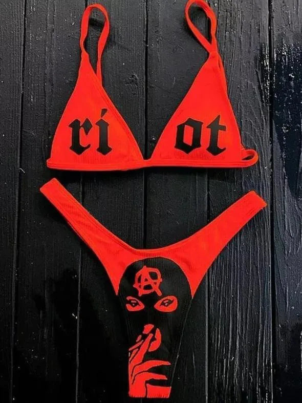 WW | Sexy Goth Bikini Frauen Buchstaben Totenkopf Druck Badeanzug Split Badeanzug Hohe Taille Gotische Bikini Set Strandoutfits