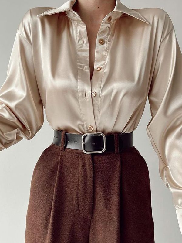 WW | Satinierte Bluse Mit Polo Kragen Seidenbluse Fürs Büro Weinlese Design Mit Lockerer Knopf Elegante Mode