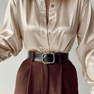 WW | Satinierte Bluse Mit Polo Kragen Seidenbluse Fürs Büro Weinlese Design Mit Lockerer Knopf Elegante Mode