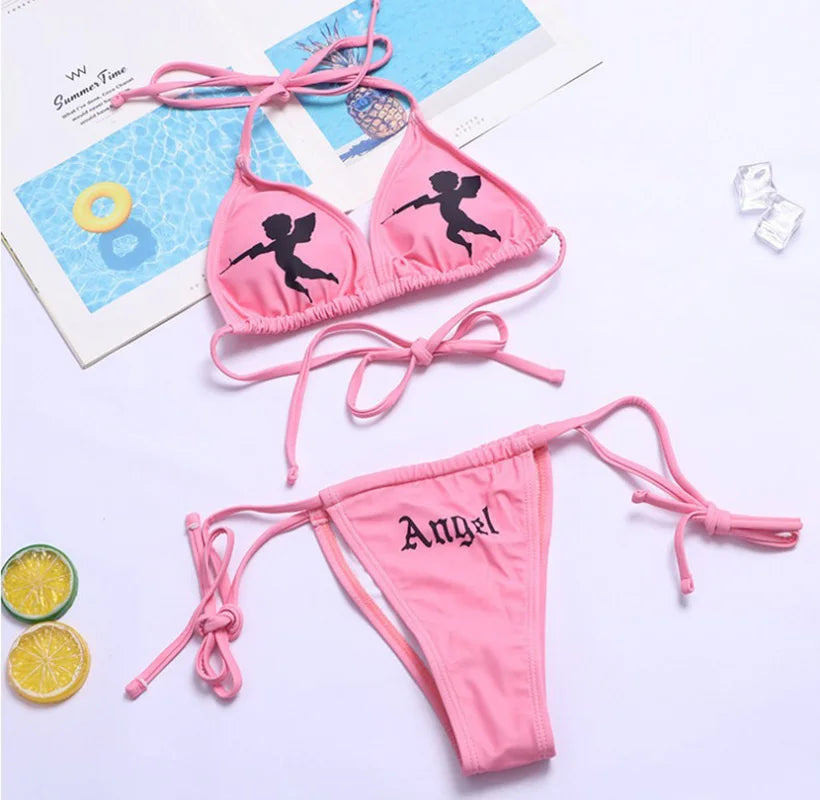 WW | Sexy Goth Bikini Frauen Buchstaben Totenkopf Druck Badeanzug Split Badeanzug Hohe Taille Gotische Bikini Set Strandoutfits