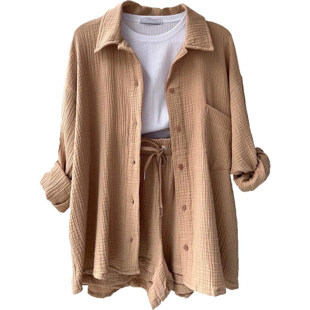 WW | 2 Teiliges Lässiges Nachtwäsche Baumwolle Pyjama für Frauen Umgeschlagenen Kragen Schlaf T-Shirts Set mit Shorts Gas Strickjacke Zuhausekleidung Sommer