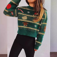 WW - Hässlicher Weihnachtspulli - Jacquard gestrickter Kurzpullover mit Goldstreifen