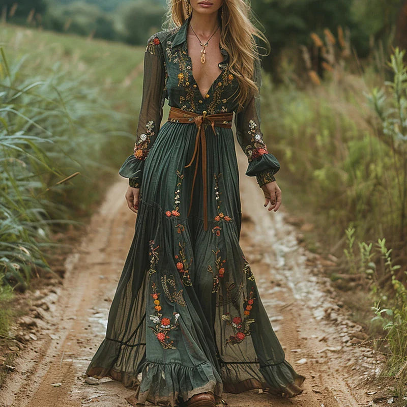 WW | Gemustertes Gedrucktes Langärmeliges Plissiertes Kleid