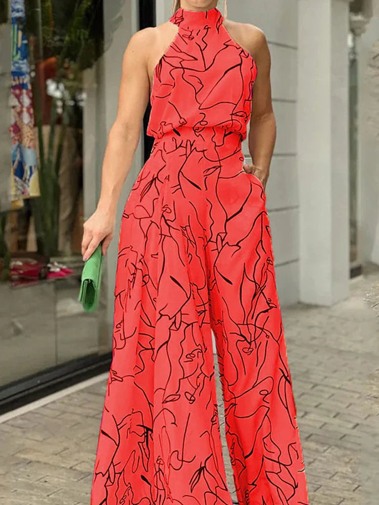 WW | Damen Elegante Taille Halterneck Jumpsuit Lässiger Druck Bindung Ohne Ärmel Breite Beine Lange Hosen Sommer Kleidung