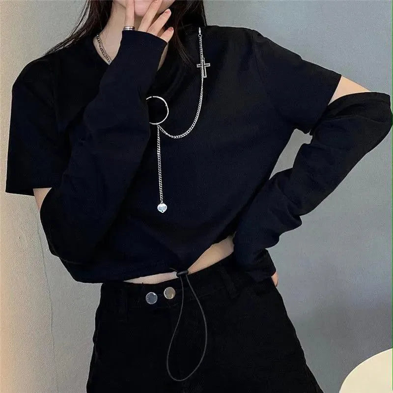 WW | Frühling Herbst Damen Harajuku Cargo Hosen Schicke Coole Set Kette Langarmtop und Band Hose