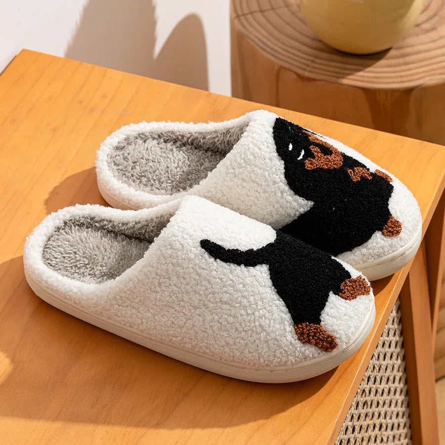 WW | Damen Slipper Kleine Schwarze Hund Weiche Plüsch Hausschuhe