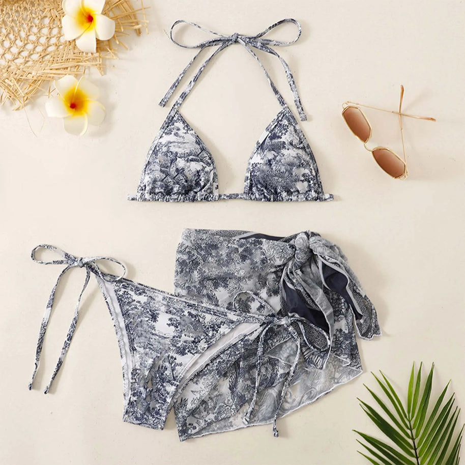WW | Damen Dreiteilig Badekleidung Sommer Push-Up Hohe Taille Bikini Set mit Bedeckung Rock Tie Dyed Schwimmen Badeanzug Strandbekleidung