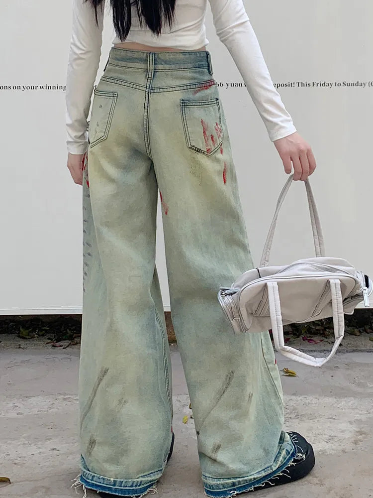 WW | Cyber Y2K Mode Ink Spray Jahrgang Blau Riss Baggy Neue Jeans Hosen für Frauen Kleidung Breite Beine Alte Gerade Damen Hosen