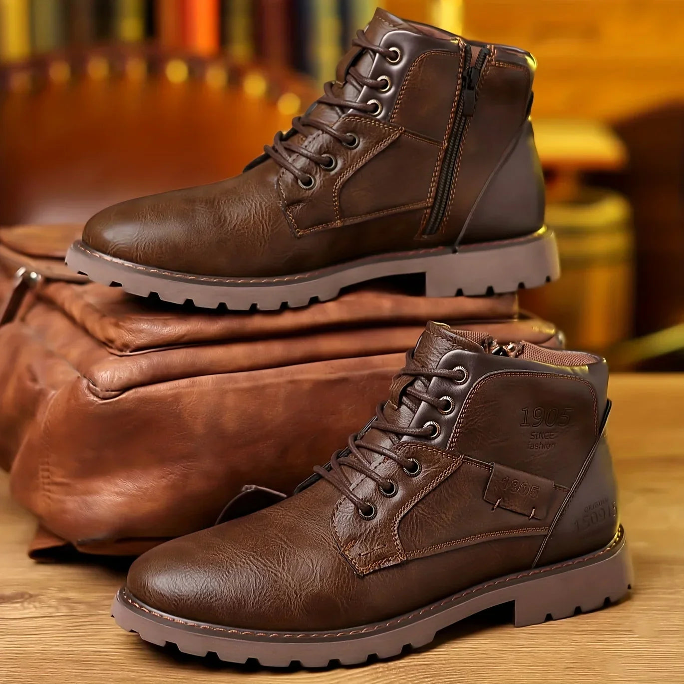 WW | Klassische Herren Lederstiefeletten Mit Robuster Sohle Und Seitlichem Reißverschluss