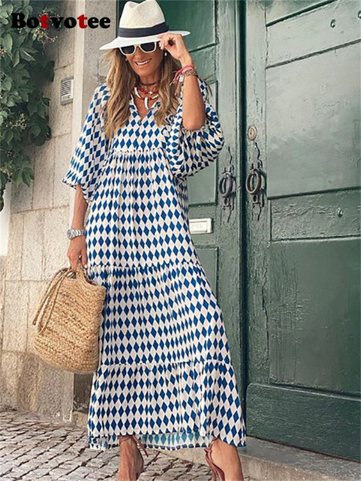 W&W Mode | Geometrisches Kleid mit Puffärmeln für Frauen