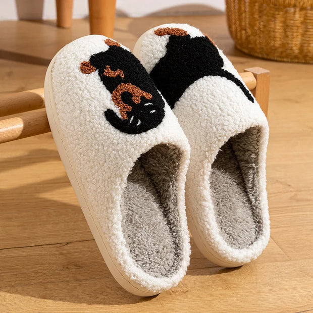 WW | Damen Slipper Kleine Schwarze Hund Weiche Plüsch Hausschuhe
