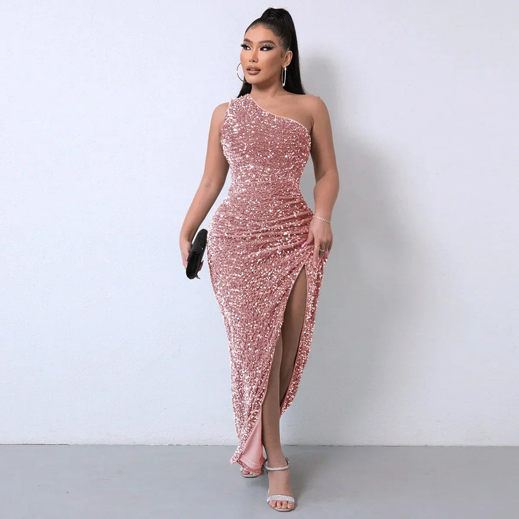 WW | Festkleider für Frauen Sexy Pailletten Nacht Kleid Ein Schulter Ärmellos Bodycon Abend Maxi Kleid Kleidung