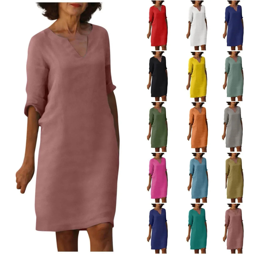 W&W Mode | Damen Baumwoll Leinen V-Ausschnitt Kleid Mit Halben Ärmeln