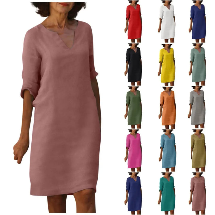 W&W Mode | Damen Baumwoll Leinen V-Ausschnitt Kleid Mit Halben Ärmeln