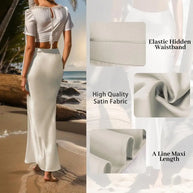 WW | Faux-Seiden-Satin Damenrock Elegant Hohe Taille A-Linie Fischschwanzrock Glänzend Büro Dame Ausgestellt Saum Maxi Rock Gemusterte Röcke