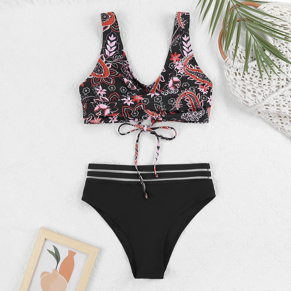 WW | Schnürung Hohe Taille Bikini Frauen Badebekleidung Frauen Badebekleidung Badeanzug Gepolstert Push-Up Blumen Badeanzug Frauen Bikini Set