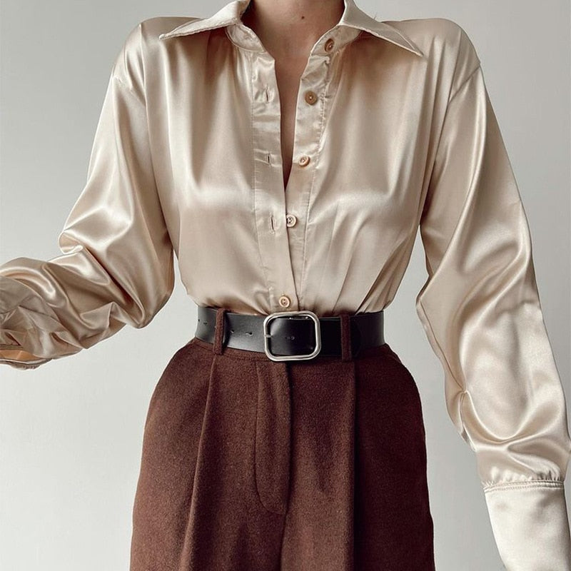 WW | Satinierte Bluse Mit Polo Kragen Seidenbluse Fürs Büro Weinlese Design Mit Lockerer Knopf Elegante Mode
