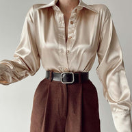 WW | Satinierte Bluse Mit Polo Kragen Seidenbluse Fürs Büro Weinlese Design Mit Lockerer Knopf Elegante Mode
