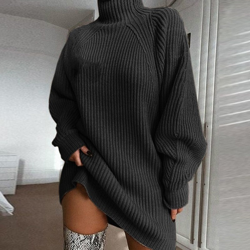 W&W Mode Attraktives A-Linien-Kleid | Damen Herbst Strickkleid mit Rollkragen