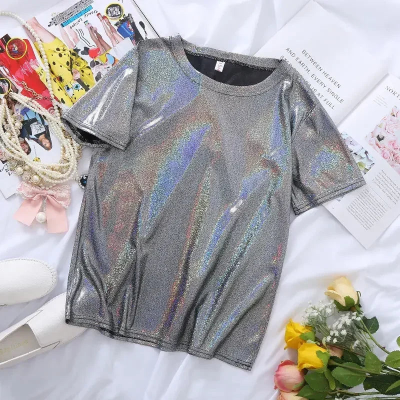 WW | S 5Xl Damen Funkelnd Shiny Metallisch Holografisch Rundhals Kurzarm Lässig Lose Top Festival Party T-Shirt Damenbekleidung