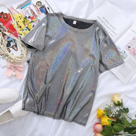 WW | S 5Xl Damen Funkelnd Shiny Metallisch Holografisch Rundhals Kurzarm Lässig Lose Top Festival Party T-Shirt Damenbekleidung