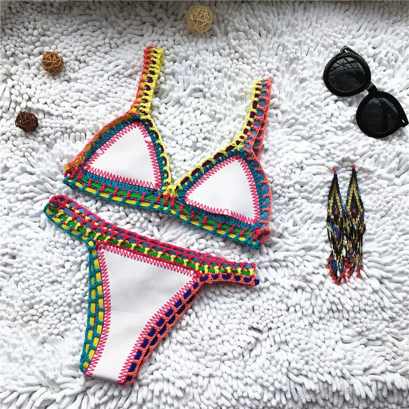 WW | Gestrickter Bikini 2 Teilig Schwimmanzug für Frauen, Sommerstrandurlaub Badebekleidung, Sexy Dreieckiger Cup V-Ausschnitt Träger-Schwimmbekleidung
