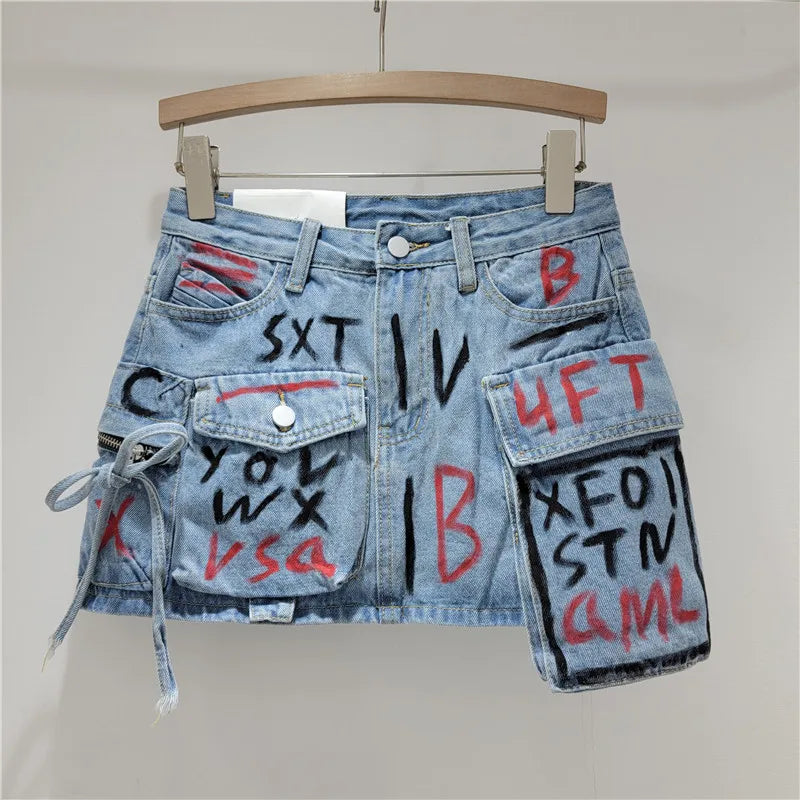 WW | Trendy Vintage Damen Druck Buchstabe Tasche Mini Denim Röcke Frühjahrsmode Neuheiten Hohe Taille Rock Damen